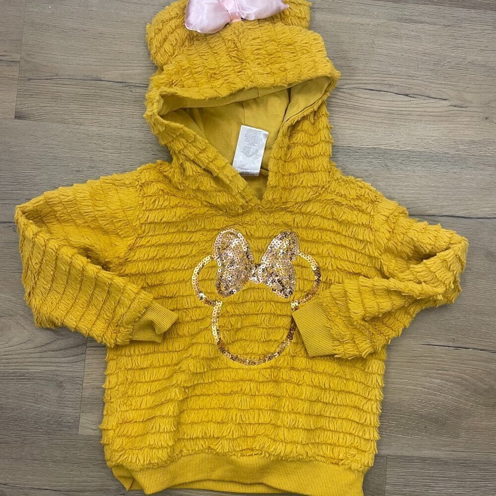Disney Jr. Minnie Mouse Girls Yellow Gold sequin Hoodie with Pink Bow 5 Parks